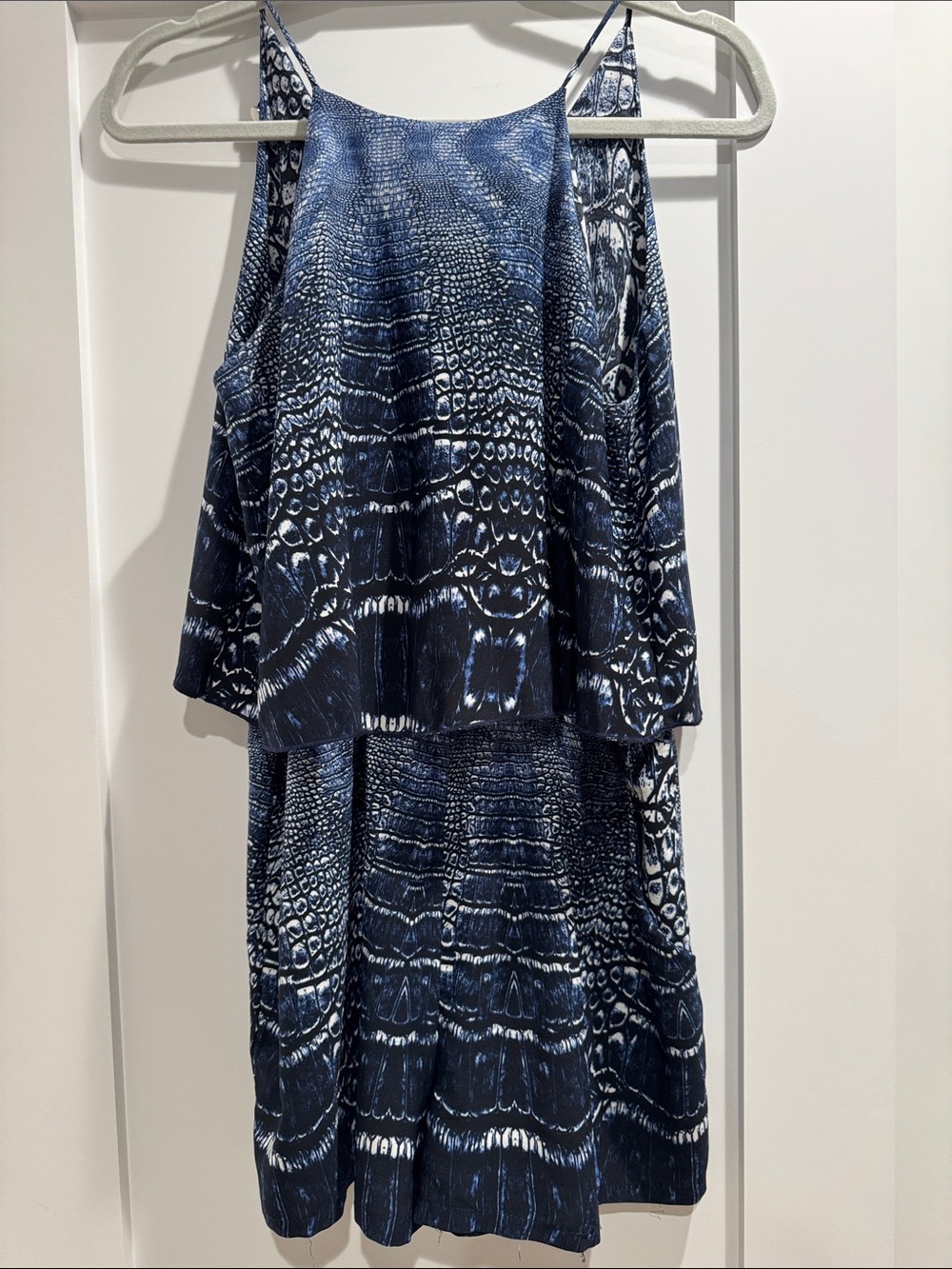 Blue Printed Mini Dress with Layered Bodice